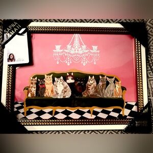 New SAPNA SHAH "Cats In Sofa" Art with Pink and Gold Frame Accents. 16"x12".